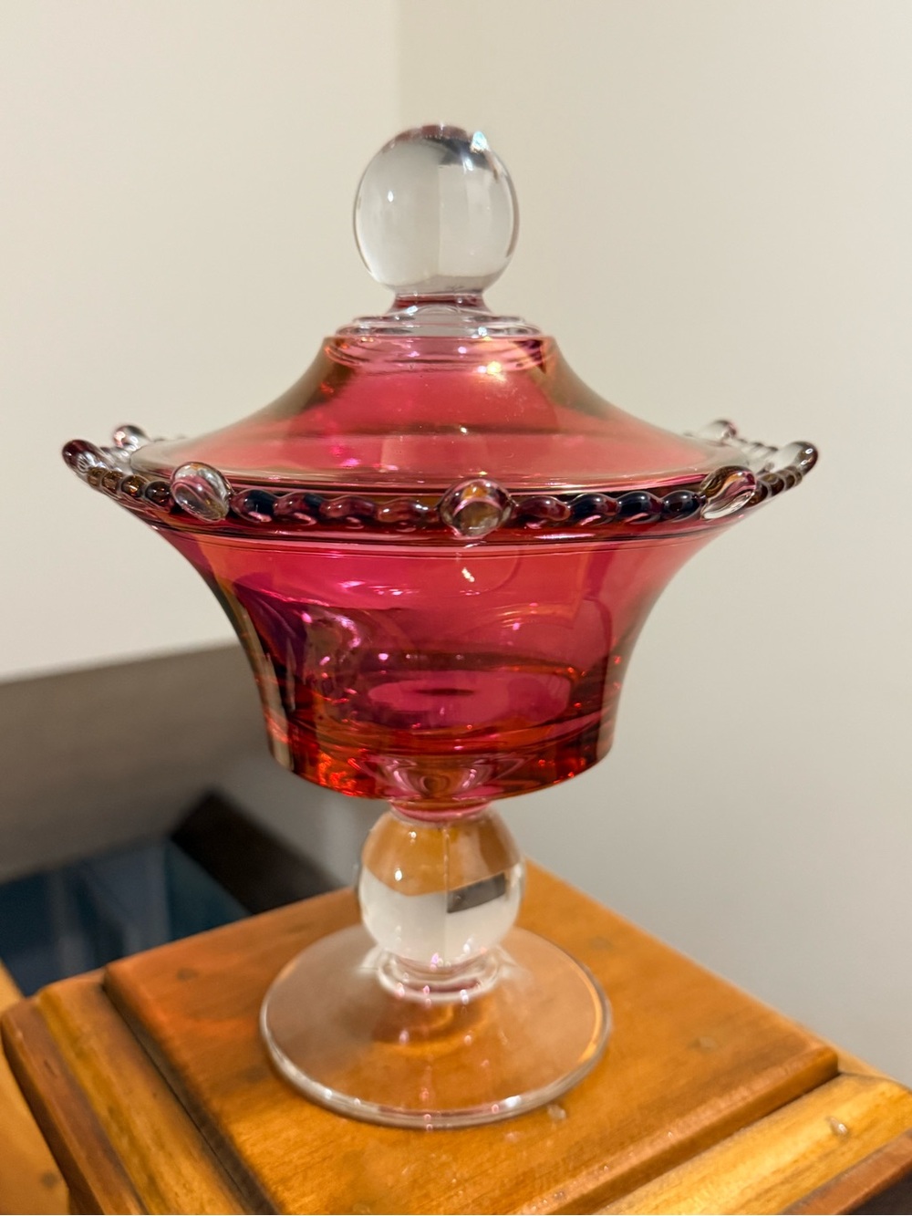 Pressed Glass Pink Covered Candy Dish on Pedestal